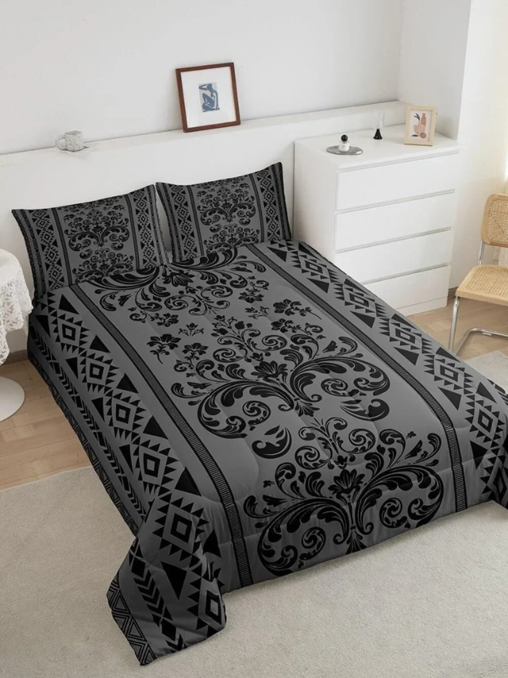 Comforter Set Twin Size,Grey Black Aztec Damask 2 Pcs Bedding for Kids and Adult